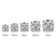 VS1 diamond nose stud size chart showing 1.5mm to 3mm round prong-set diamonds in rose gold overhead view