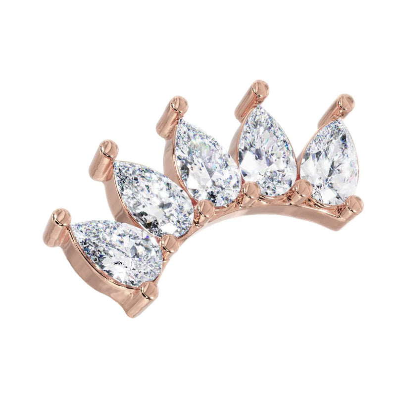 14k rose gold five pear white sapphire crescent climber earring, angled view showing warm tone