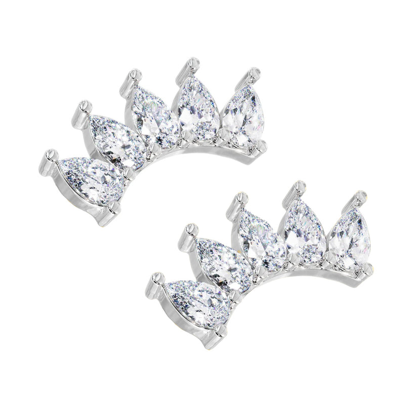 Pair of 14k white gold five pear-cut white sapphire crescent climber earrings, pair view