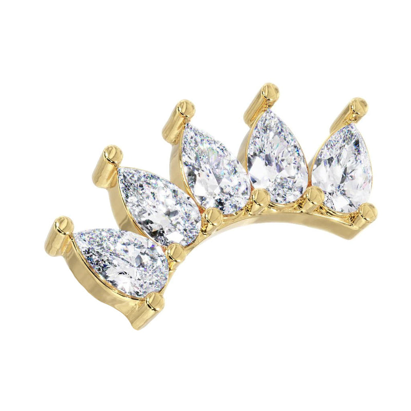 14k yellow gold five pear white sapphire crescent earring, angled side view showing gold setting