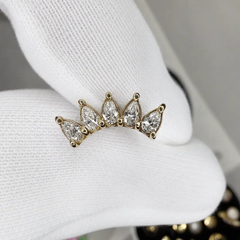 White Sapphire 5 Pear Crescent Climber 14k Gold Earring