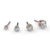 CZ solitaire prong threadless stud ends in four sizes shown side by side in rose, white, and yellow 14k gold