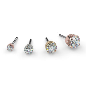 CZ solitaire prong threadless stud ends in four sizes shown side by side in rose, white, and yellow 14k gold