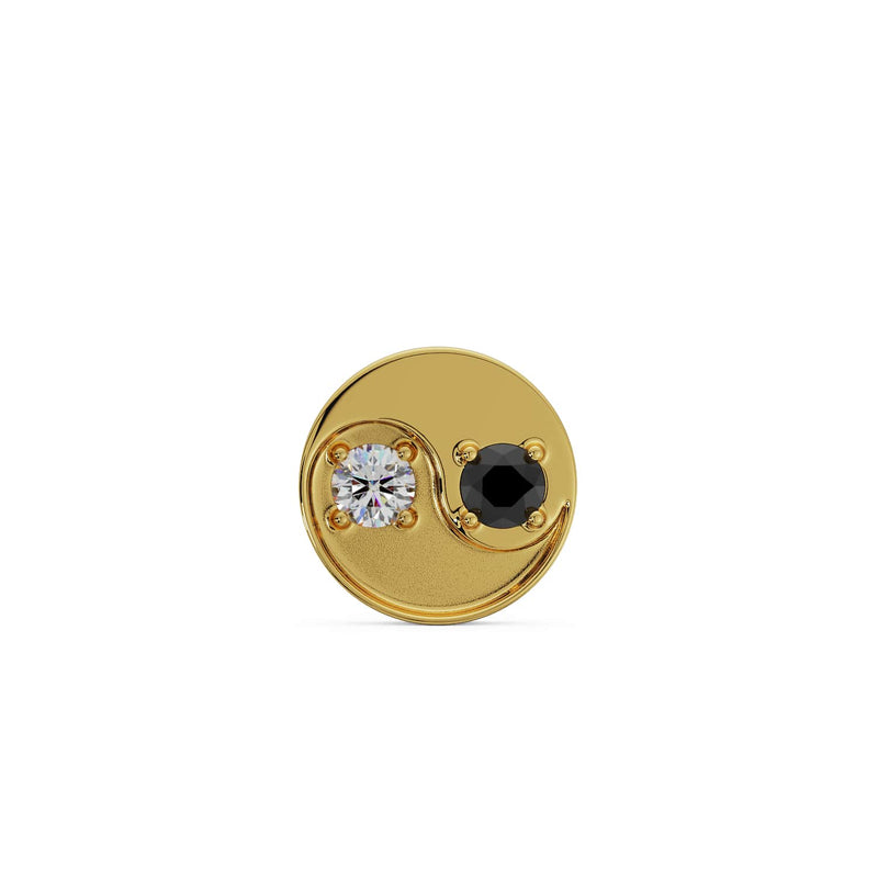 14k yellow gold yin yang threadless end with black and white diamonds, straight front view
