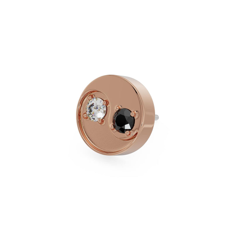 14k rose gold yin yang piercing stud end with prong-set black and white diamonds, angled view