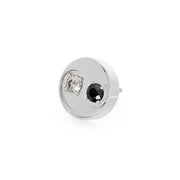 14k white gold yin yang piercing stud end with black and white diamonds, angled side view