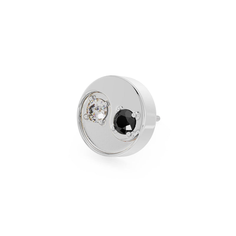 14k white gold yin yang piercing stud end with black and white diamonds, angled side view