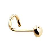 Side profile of 14k yellow gold puffy heart nose ring screw showing screw post and charm placement