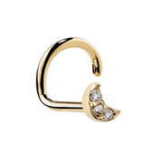 14k yellow gold crescent moon nose ring screw with three pave genuine diamonds, angled front view