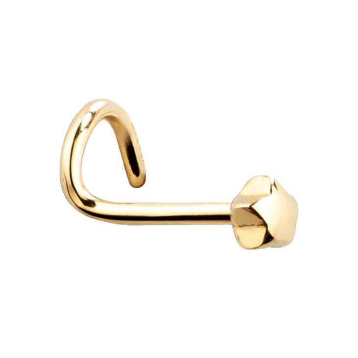 Side profile of 14k yellow gold puffy star nose ring screw showing screw post and star charm angle