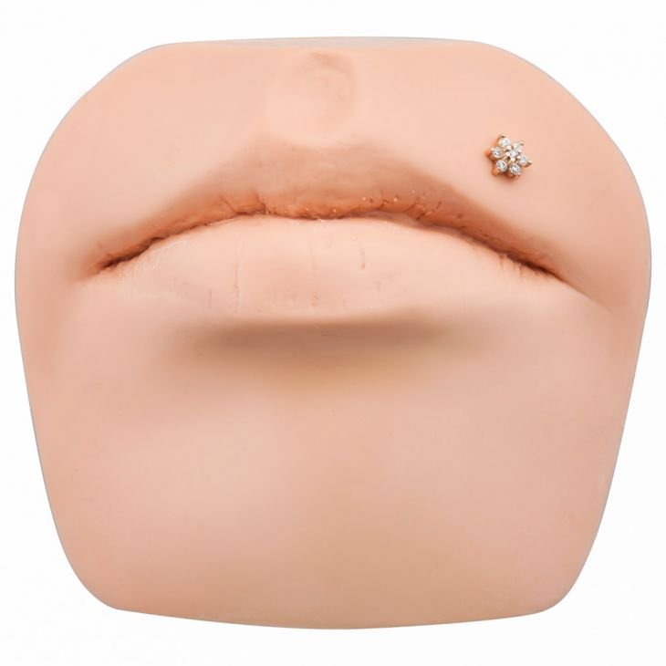 14K rose gold diamond flower pushpin end shown in lip piercing on silicone face mannequin