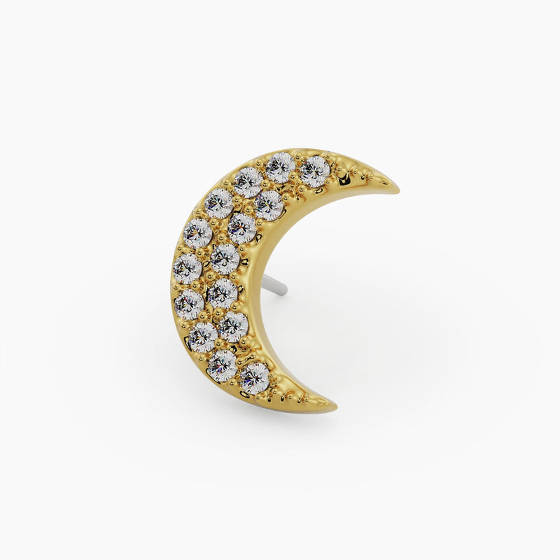 Angled view of 14k yellow gold diamond crescent moon threadless end showing push-pin post