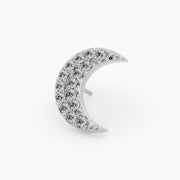 14k white gold diamond crescent moon piercing stud end, angled view showing push-pin post