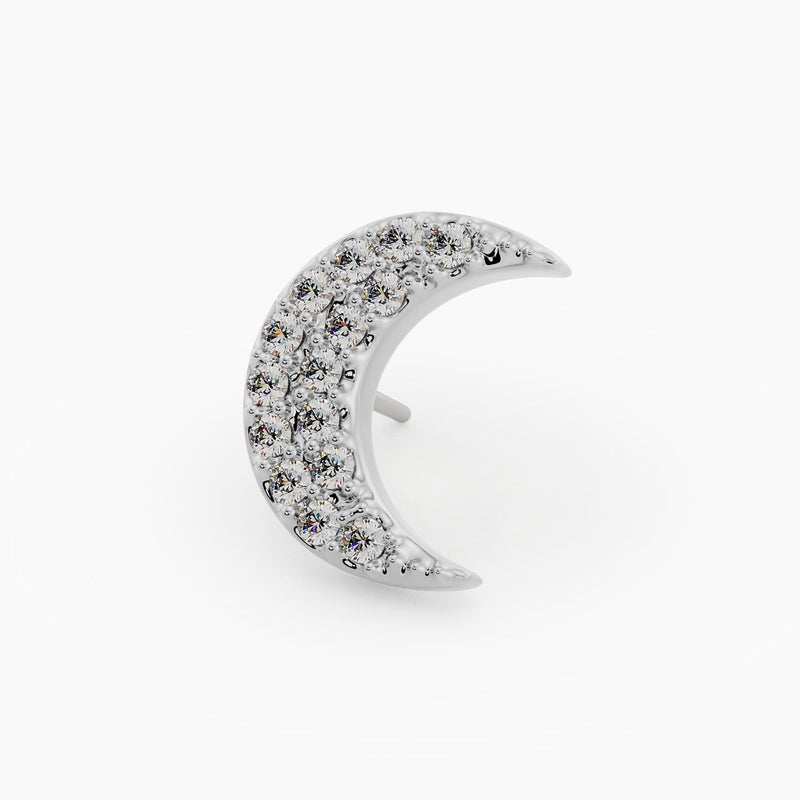14k white gold diamond crescent moon piercing stud end, angled view showing push-pin post