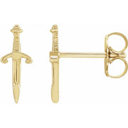14K yellow gold dagger stud earrings shown as a pair with post backs, angled side view