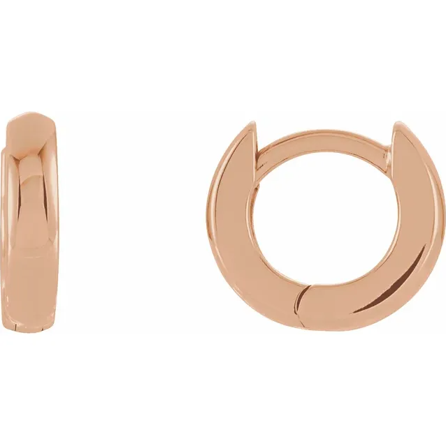 14k rose gold 9.5mm huggie hoop earrings, front and side view with hinged snap closure