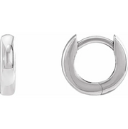 14k white gold 9.5mm huggie hoop earrings, front and side view with polished finish