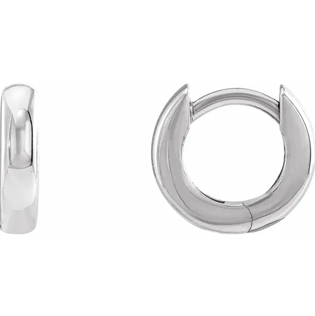 14k white gold 9.5mm huggie hoop earrings, front and side view with polished finish
