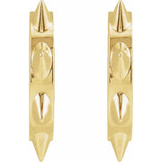 14k yellow gold spike huggie hoops pair, close-up showing angular spike detail along hoop edge