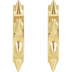 14k yellow gold spike huggie hoops pair, close-up showing angular spike detail along hoop edge