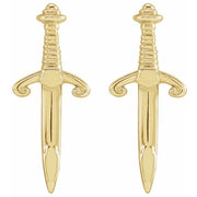 14K yellow gold dagger earrings, front view showing scrolled crossguard and ridged grip detail