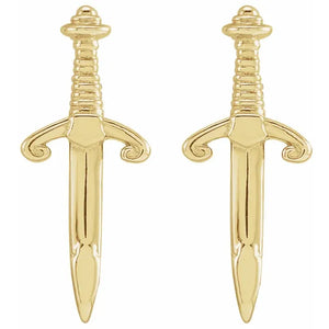 14K yellow gold dagger earrings, front view showing scrolled crossguard and ridged grip detail
