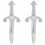 14K white gold dagger earrings front view highlighting polished blade and ornate crossguard