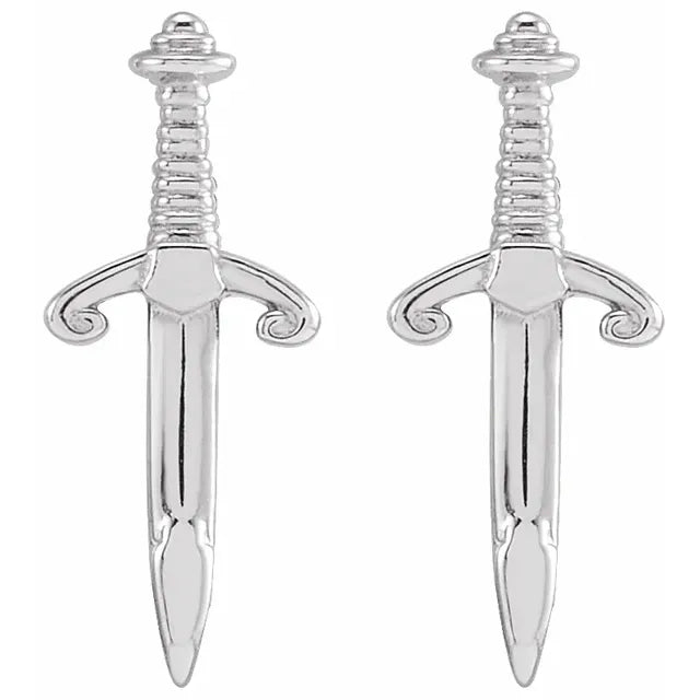 14K white gold dagger earrings front view highlighting polished blade and ornate crossguard