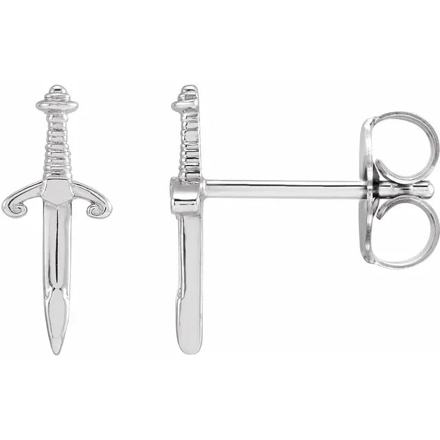 14K white gold dagger stud earrings with butterfly backs, angled side view of the pair