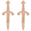 14K rose gold dagger earrings front view showing warm tone, scrolled guard and pointed blade