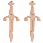 14K rose gold dagger earrings front view showing warm tone, scrolled guard and pointed blade