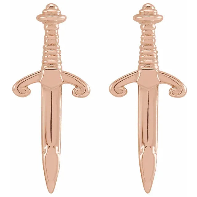 14K rose gold dagger earrings front view showing warm tone, scrolled guard and pointed blade