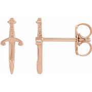 14K rose gold dagger stud earrings shown with post and butterfly backs, side angle view
