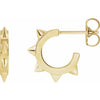 14k yellow gold spike huggie hoop earrings shown from front and side profile view