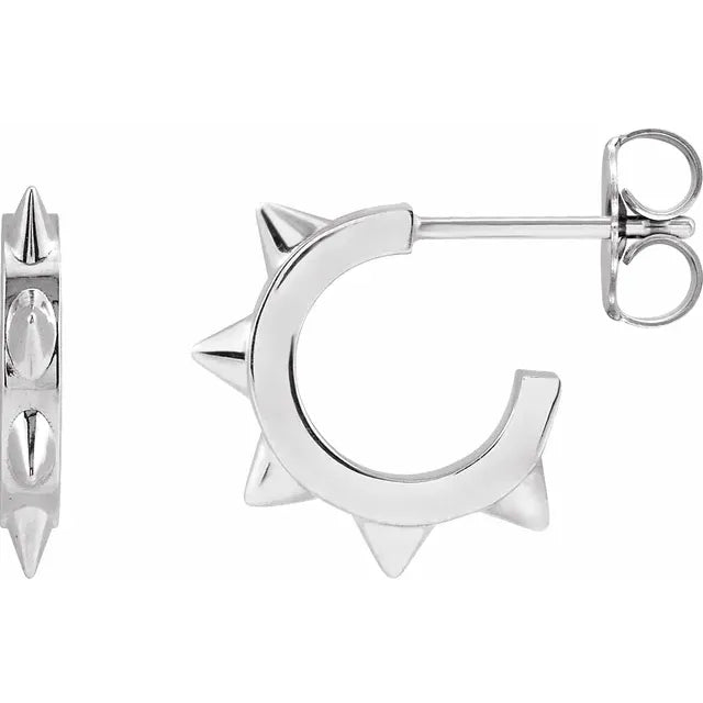 14k white gold spike huggie hoop earrings shown from front and side profile view