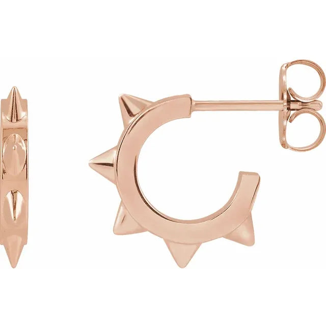14k rose gold spike huggie hoop earrings shown from front and side profile view