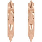 14k rose gold spike huggie hoops pair, close-up highlighting warm-toned angular spike detail