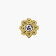 14k yellow gold diamond blossom piercing stud end, straight-on front view with bezel-set diamond