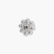 14k white gold diamond blossom threadless stud end, angled view showing bezel-set diamond center