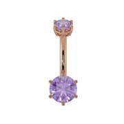 14k rose gold navel ring with dual amethyst gems in six-prong settings, front view