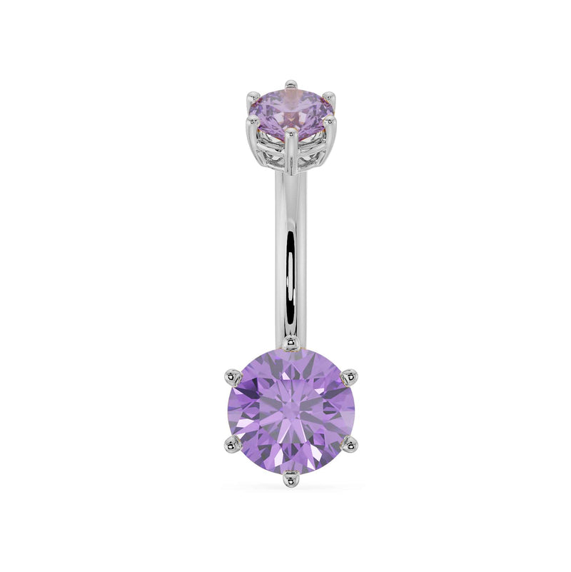 14k white gold navel ring with dual amethyst gems in six-prong settings, front view