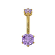 14k yellow gold navel ring with dual amethyst gems in six-prong settings, front view