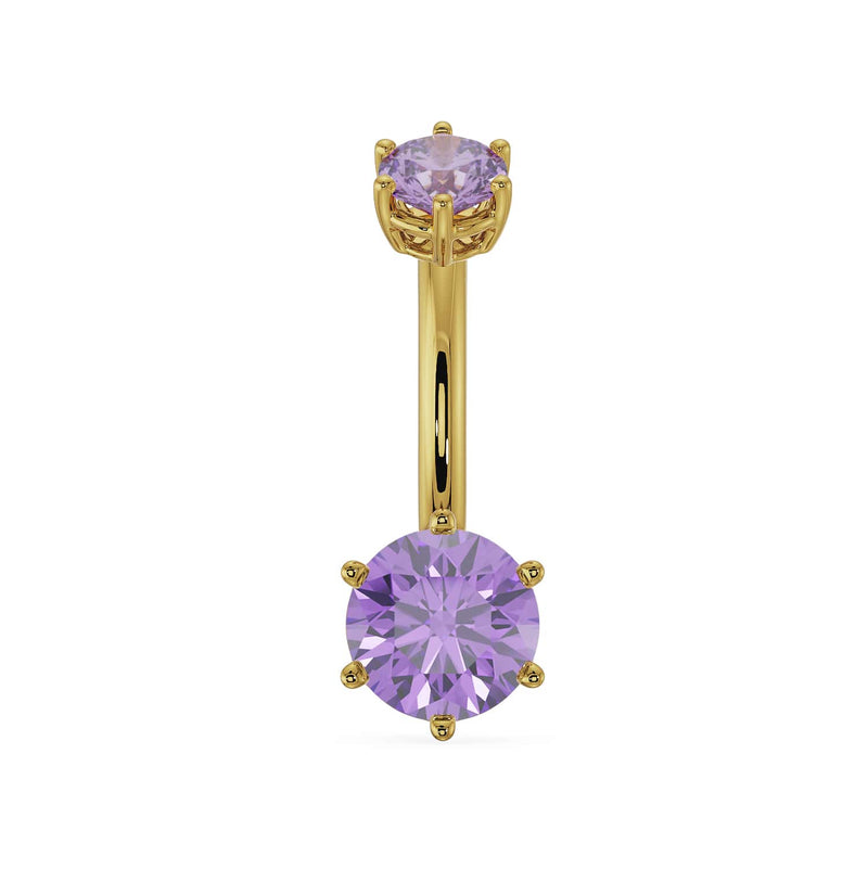 14k yellow gold navel ring with dual amethyst gems in six-prong settings, front view