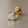14k yellow gold Asscher-cut diamond flat back labret stud, angled studio shot showing disc backing