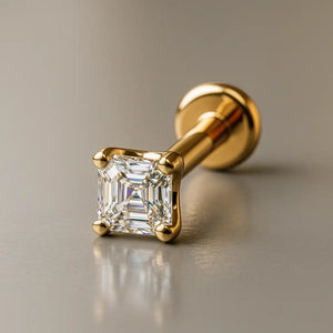 14k yellow gold Asscher-cut diamond flat back labret stud, angled studio shot showing disc backing