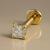 14k yellow gold Asscher-cut diamond flat back labret stud, angled studio shot showing post and disc
