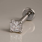 14k white gold Asscher-cut diamond flat back labret stud, angled studio shot showing post and disc
