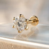 Gold Astra 4mm diamond stud flat back  earring with a clear gemstone on a reflective surface