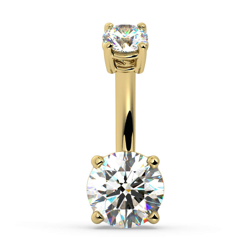 14k yellow gold diamond navel ring with 6mm round brilliant bottom diamond, straight-on front view