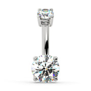 14k white gold diamond belly ring with dual round brilliant diamonds in four-prong settings, front view